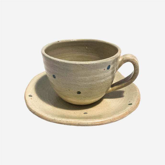 Shigaraki Coffee Cup & Saucer (White with Blue Spots)
